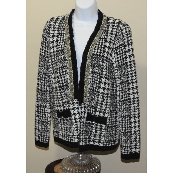 Cicos Women’s Cardigan Sweater Sz 0 Black White Houndstooth Open Front Tweed - Picture 3 of 12